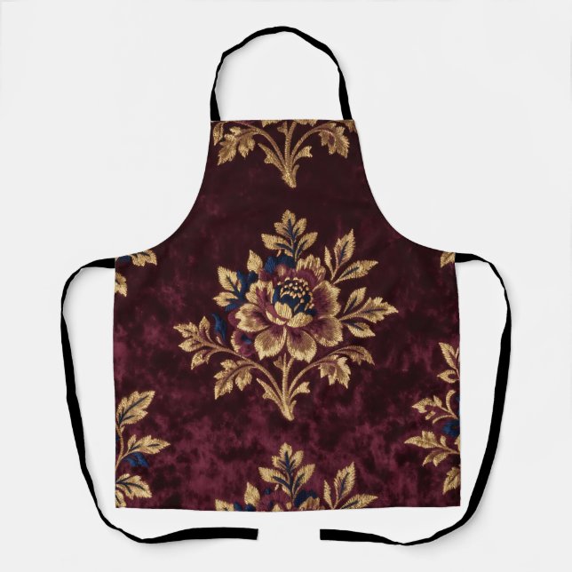 Tablier Burgundy Velvet Peony Gold Embroidery Floral  (Recto)