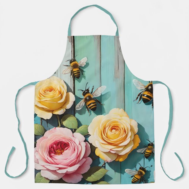 Tablier Busy Bees with Pink and Yellow Roses on Old Fence (Recto)