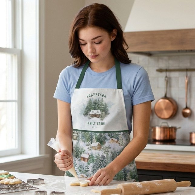 Tablier Cabine familial personnalisé Forêt de pins d'hiver (Créateur téléchargé)