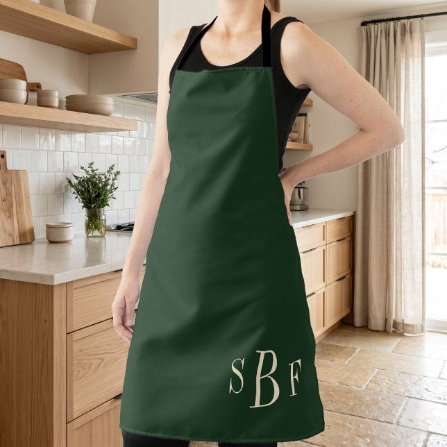 Tablier Cadeau de cuisine boho vert forêt monogramme (Monogram Forest Green Boho Moody Kitchen Gift Apron)