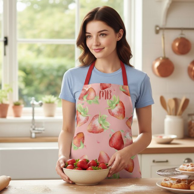 Tablier Cadeau de cuisine d'été avec monogramme de fraise  (Créateur téléchargé)