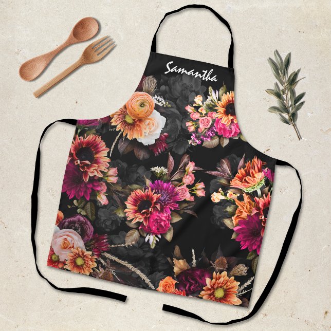 Tablier Cadeau de monogramme floral orange fuchsia vibrant (Créateur téléchargé)
