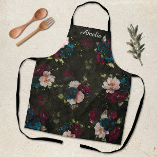 Tablier Cadeau de monogramme floral turquoise rouge foncé