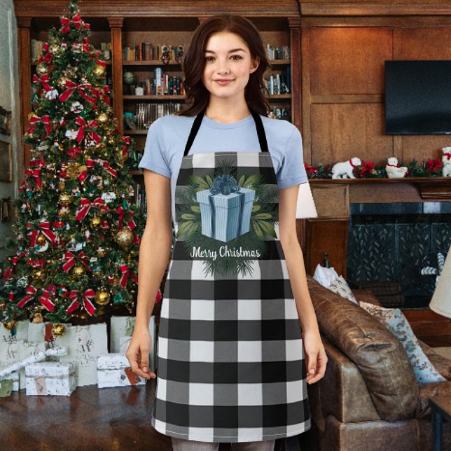 Tablier Cadeau de Noël Plaid Buffalo | Bleu (Blue Buffalo Plaid Christmas Gift Apron)