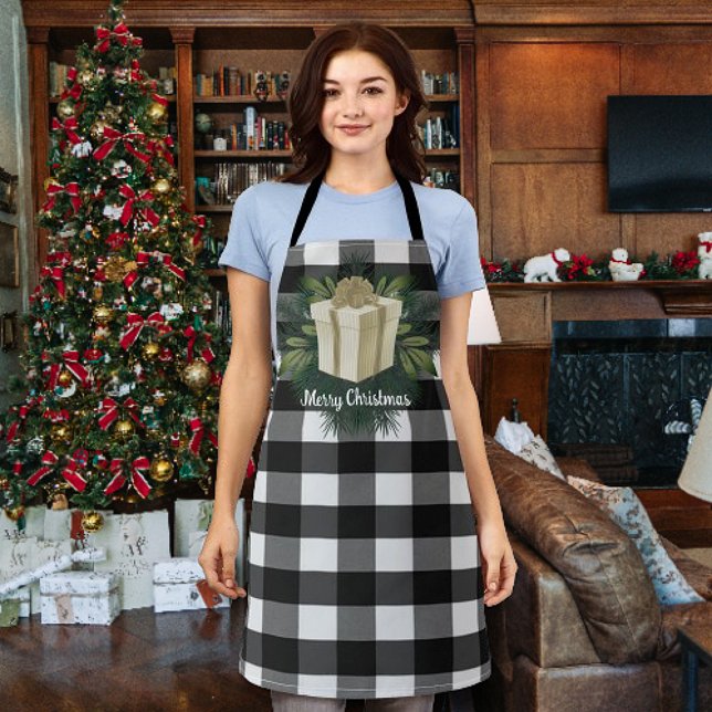 Tablier Cadeau de Noël Plaid Buffalo | Or (Gold Buffalo Plaid Christmas Gift Apron)