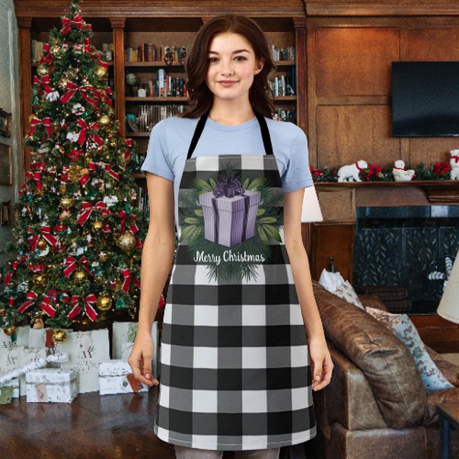 Tablier Cadeau de Noël Plaid Buffalo | Violet (Purple Buffalo Plaid Christmas Gift Apron)