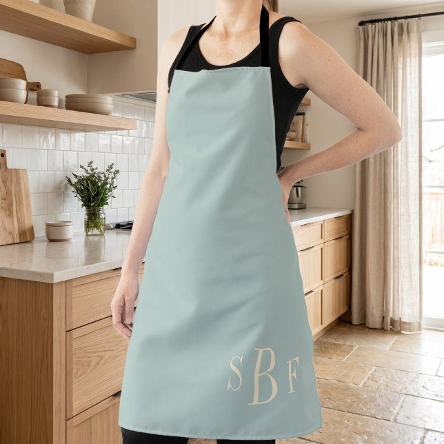 Tablier Cadeau d'hôtesse en vert sauge monogrammé (Monogram Sage Green Boho Modern Kitchen Gift Apron)