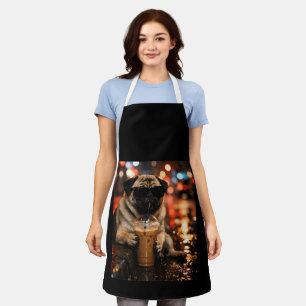 Tablier Cadeau drôle de Pug buvant du café glacé pour amat