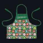 Tablier Cadeaux de Noël personnalisés tout-en-plan<br><div class="desc">Un motif de tablier de Noël design et moderne avec des illustrations géométriques d'inspiration rétro d'ornements, bas, sucres de canne, cadeaux, arbres de Noël, flocons de neige, cloches et plus encore. Cela peut être personnalisé avec le nom d'un enfant, monogramme ou votre propre message. Un cadeau de Noël amusant et...</div>