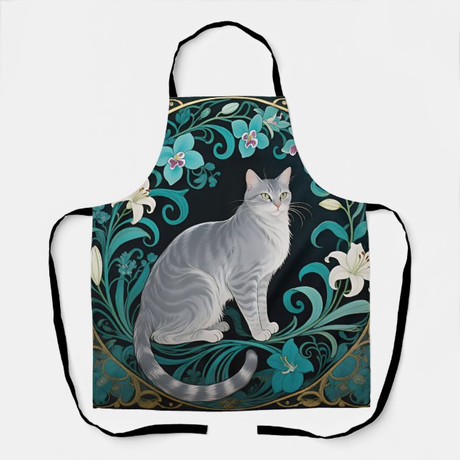Tablier Cadre floral orné chat gris (Recto)