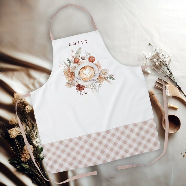 Tablier Café Latte Floral Cosy avec Nom (Créateur téléchargé)