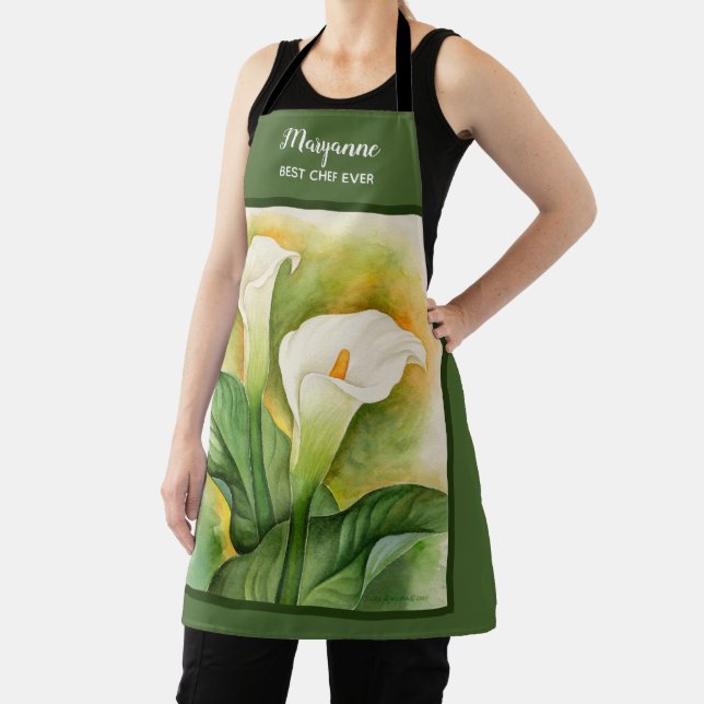 Tablier Cala Lily Green Ajouter un nom Floral Aquarelle (Insitu)