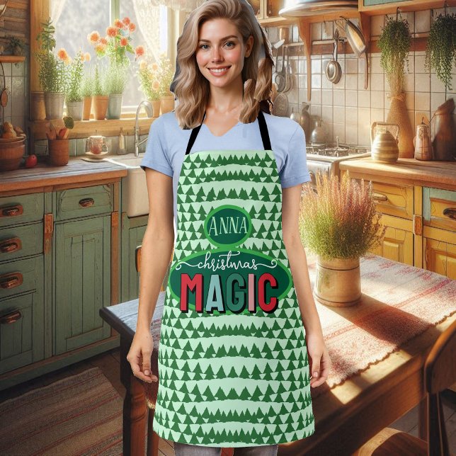 Tablier Calligraphie Magie de Noël Pins Verts Funky (Christmas Magic Calligraphy Green Pine Trees Funky Apron
)