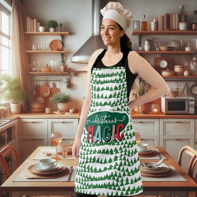 Tablier Calligraphie Magie de Noël Pins Verts Funky (Christmas Magic Calligraphy Green Pine Trees Funky Apron)