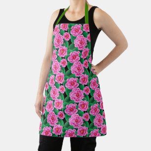 Tablier Camélias rose fuchsia et feuilles vert jade