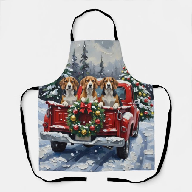Tablier Camion rouge de Noël Beagle Fêtes (Recto)