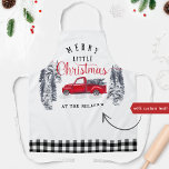 Tablier Camion vintage Joyeux Petit Buffle de Noël Plaid<br><div class="desc">Superbe tablier de vacances avec votre propre nom de famille ou message et exquise aquarelle peinte à la main paysage hivernal de forêt, camion vintage rouge avec arbres de Noël et la phrase "Joyeux petit Noël" en calligraphie rouge et noir et typographie de bloc. Bordure décorative sur le fond en...</div>