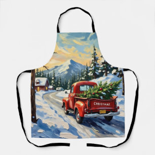 Tablier Camionnette Rouge Vintage Transportant un Sapin de