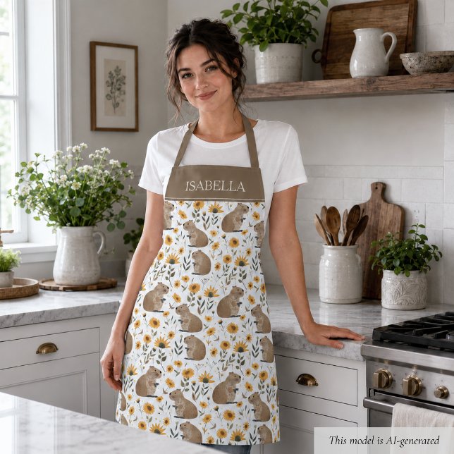 Tablier Capybara Floral Personnalisé (sweet cozy floral capybara sunflower apron personalized with custom name, cute gift for her )