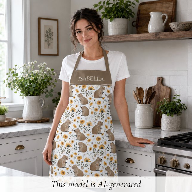 Tablier Capybara Floral Personnalisé (sweet cozy floral capybara sunflower apron personalized with custom name, cute gift for her )