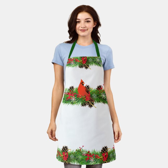 Tablier Cardinal de Noël et verdure des Fêtes / Blanc (Porté)