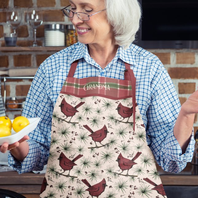 Tablier Cardinal rouge et Noël cardinal (Elegant Christmas Red Cardinal Bird, Pine, Red & Green Plaid Apron. Hand Drawn Winter Cardinal Birds)