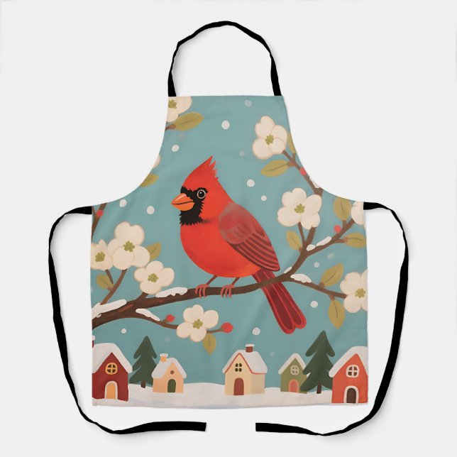 Tablier Cardinal rouge sur branche d'hiver (Recto)
