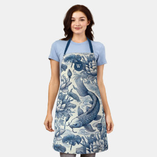Tablier Carpe Koï Nénuphar Bleu Chinoiserie Toile Initiale