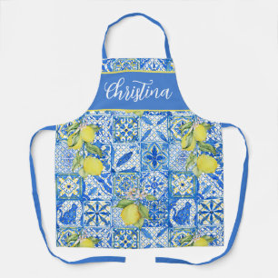 Tablier Carreau bleu motif provençal français au citron