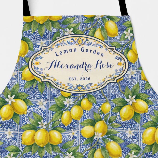 Tablier Carreau de nom monogrammé Lemon Blue French Countr (Créateur téléchargé)