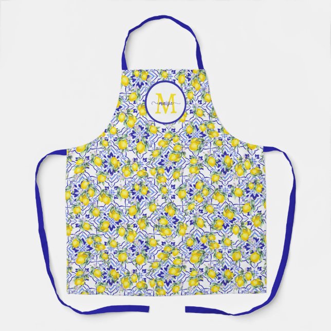 Tablier Carreau de style provençal bleu citron avec monogr (Recto)