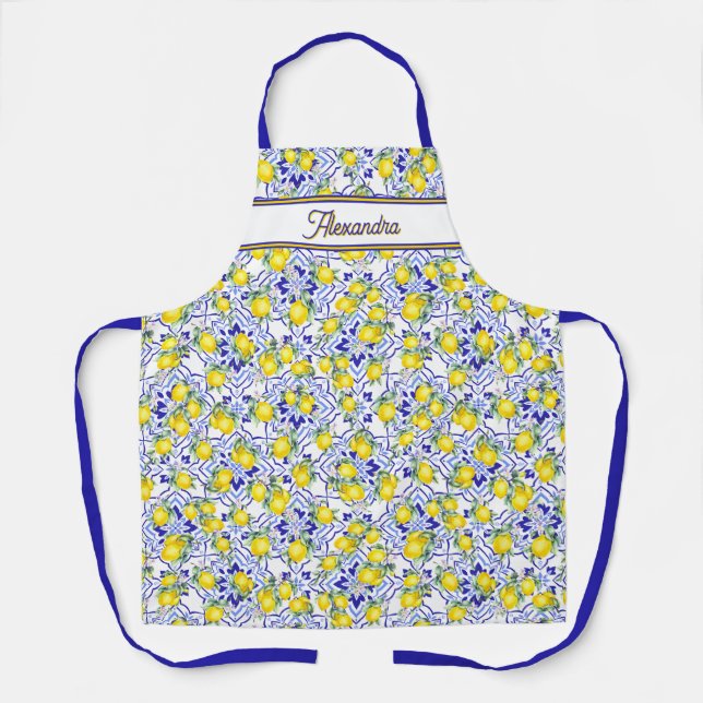 Tablier Carreau de style provençal bleu citron avec monogr (Recto)