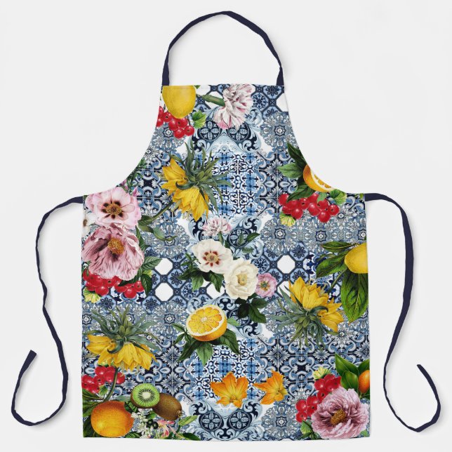 Tablier Carreaux bleus Méditerranée Floral  (Recto)