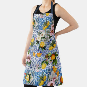 Tablier Carreaux bleus Méditerranéen Floral