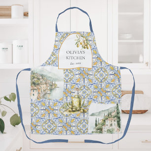 Tablier Carreaux de motif méditerranéen jaune bleu olive