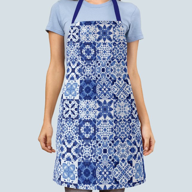 Tablier Carreaux Motif bleu blanc aquarelle (Blue and white watercolor 
Mediterranean tile pattern apron)
