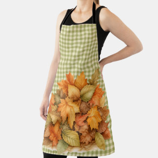 TABLIER CARREAUX VERTS & ORANGE VERT JAUNE FEUILLES D'AUTO