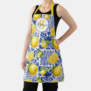 Tablier Carrelage à motif de citron blanc bleu Monogramme