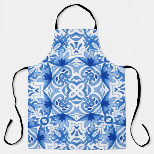 Tablier Carrelage blanc bleu, motif aquarelle sans couture