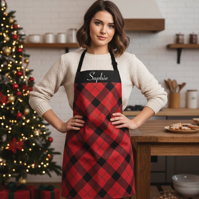 Tablier Carte de Noël personnalisée rouge, noir et vert (Custom Christmas Red, Black and Green Plaid Apron - Just add your name or special text!)