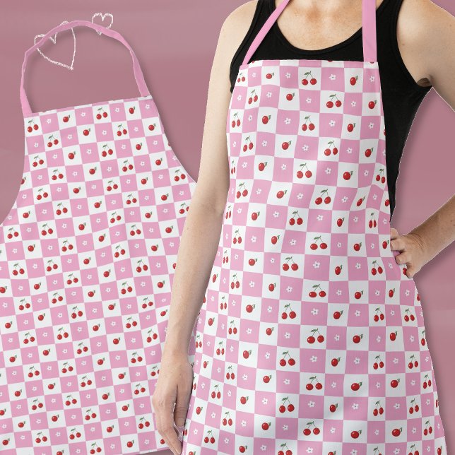 Tablier Carton rose avec porte cerise et fleurs (Spring pink and white apron .)