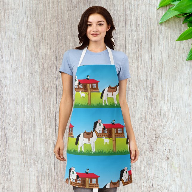 Tablier Cartoon Farm Scène avec Cheval Chat et Chèvre (Créateur téléchargé)