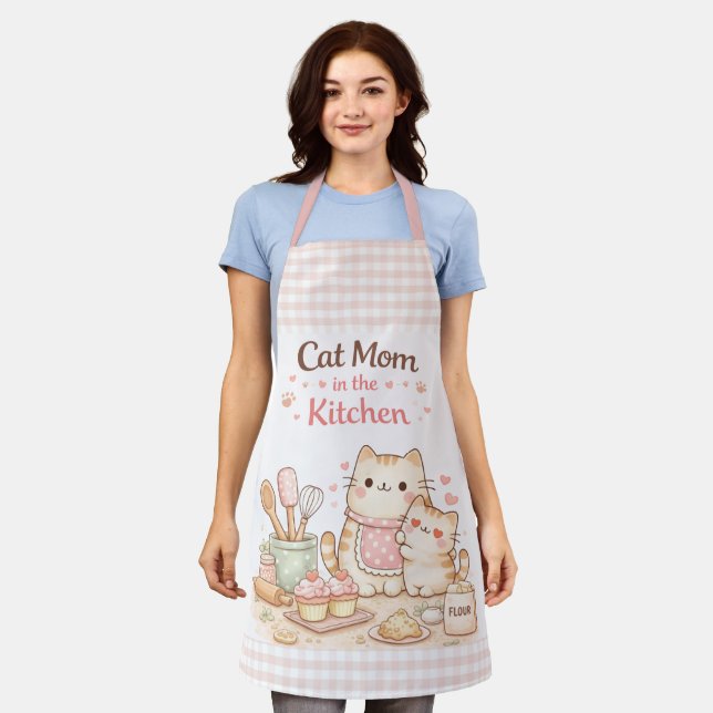Tablier Cat Mom in the Kitchen Kawaii Pastel Gingham Pink (Porté)