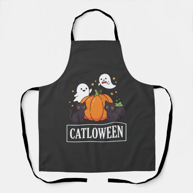 Tablier Catloween Drôle Chat Halloween Fantôme Citrouille  (Recto)