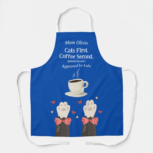 Tablier Cats First Coffee Second Cat Mom Paws Blue Apron (Recto)