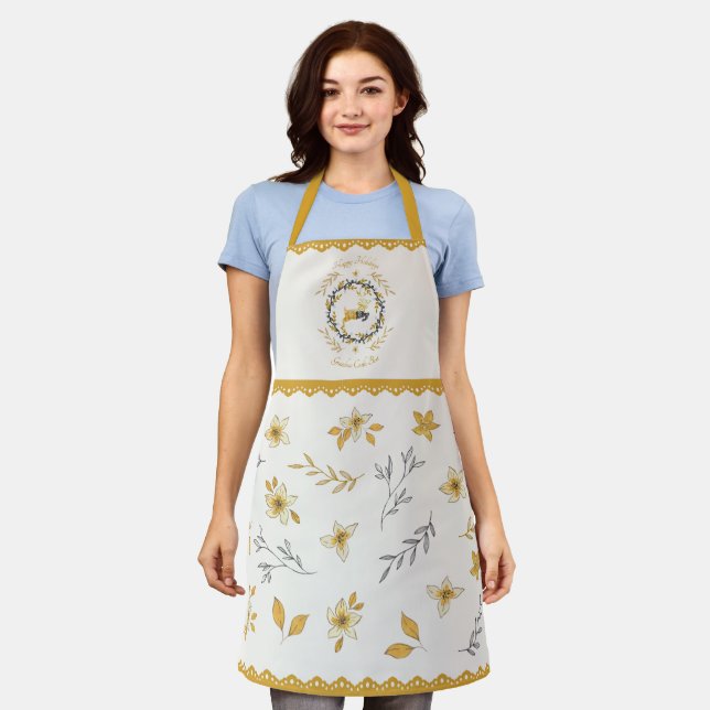 Tablier Cerf de Noël Jaune Crème Floral (Porté)