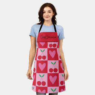 Tablier Cerises à Carreaux avec Cœurs Roses Nom Personnali