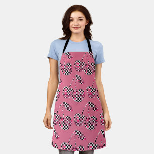 Tablier Cerises à motif damier et cœurs roses Big
