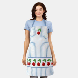 Tablier Cerises Rouges sur Motif Graphique à Rayures Bleue