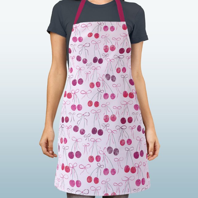 Tablier Cerises Rubans et Bows Aquarelle Motif rose (Cherries, ribbons and bows pink watercolor pattern apron)